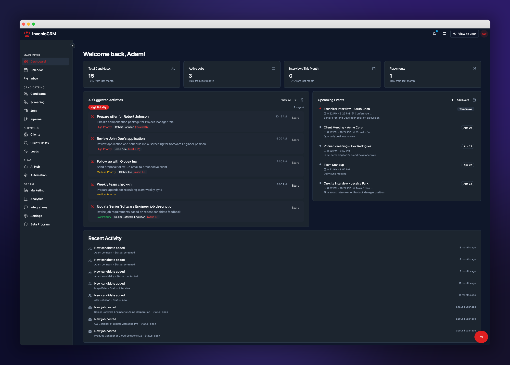 Invenio CRM Dashboard — recruiter command center with KPI tiles, AI Suggested Activities ranked by priority, upcoming events, and recent activity feed