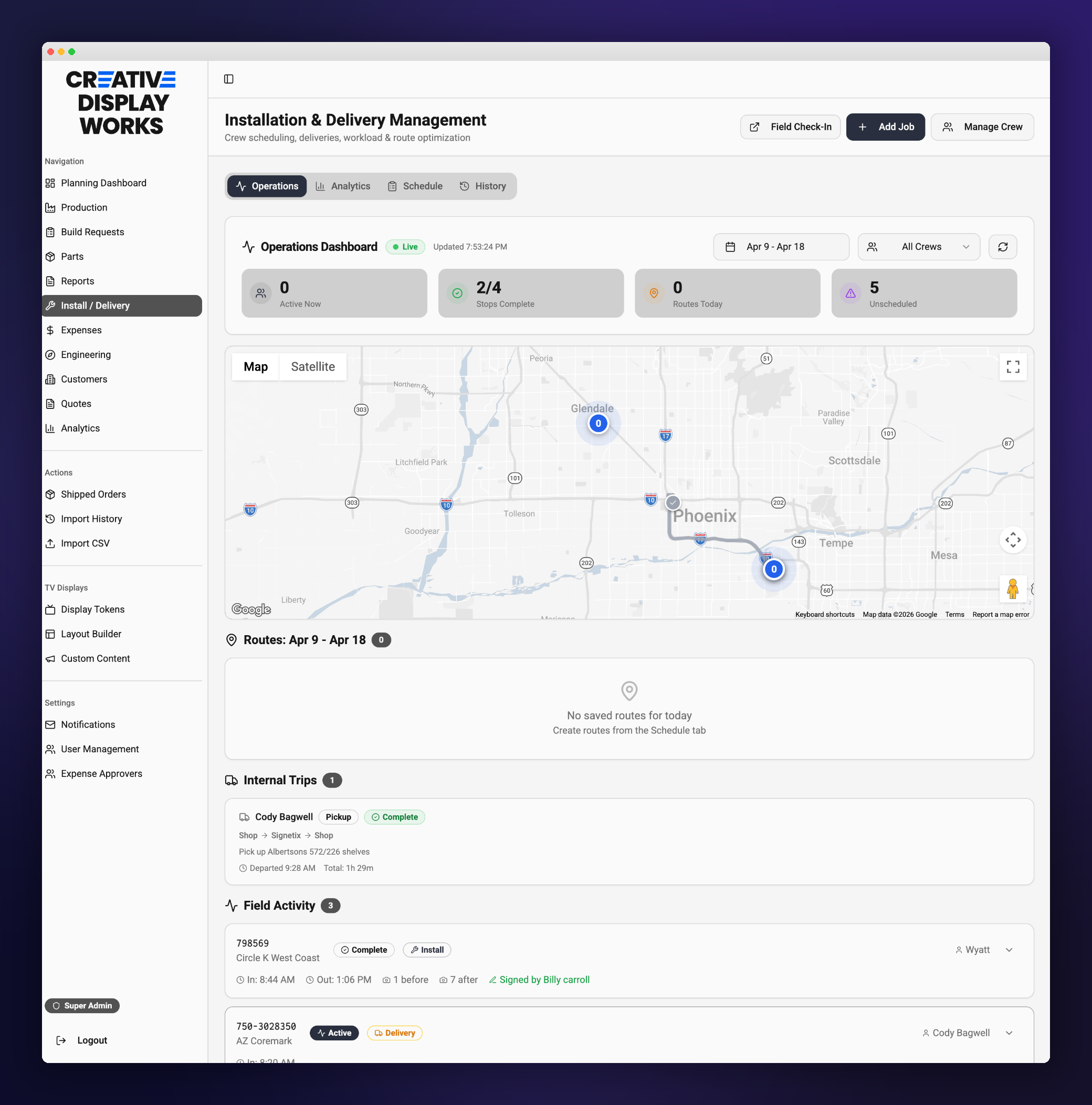 Creative Display Works AriesOS — live install operations dashboard with route map, crew KPIs, and field activity log