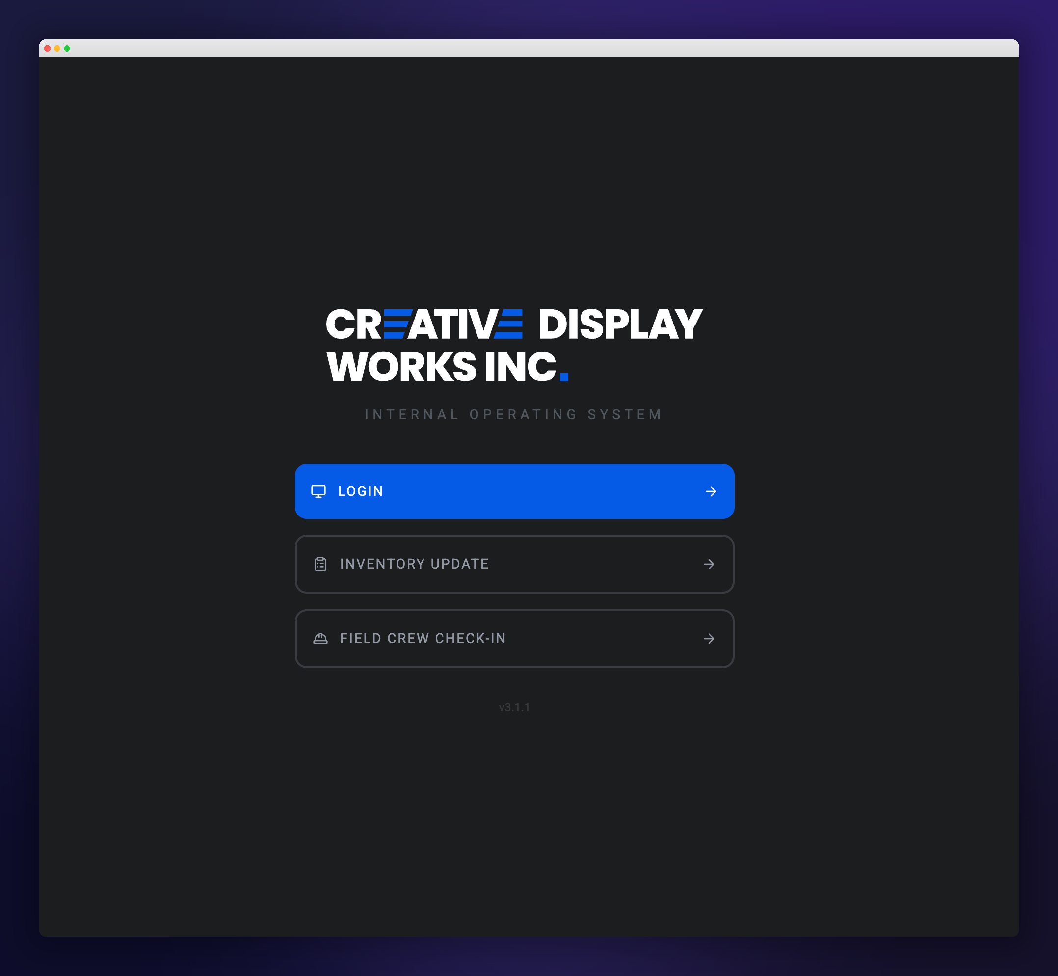 Creative Display Works internal operating system landing screen with role-based entry points