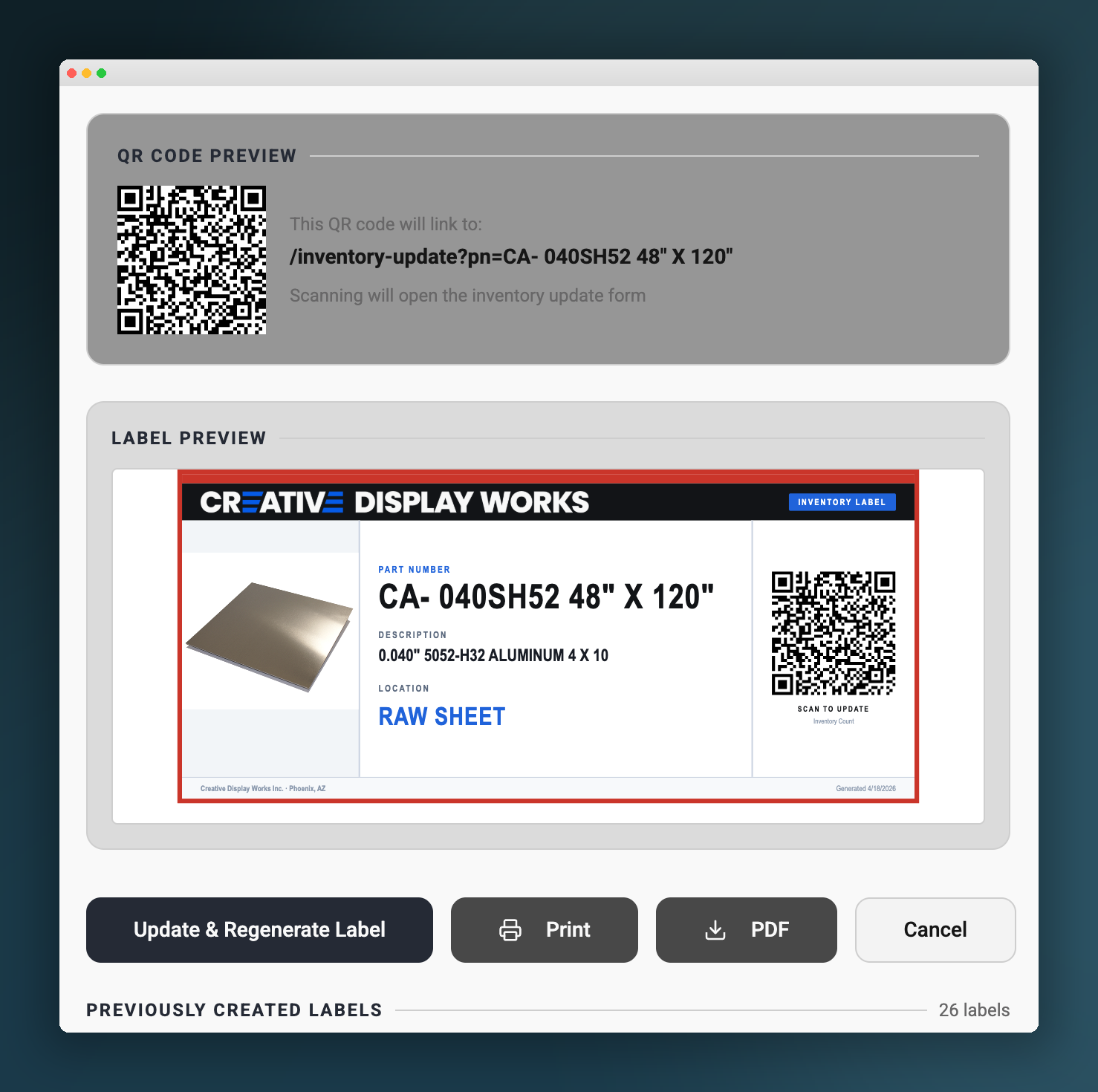 QR inventory label generator producing branded labels with embedded QR codes deep-linking to mobile inventory update forms