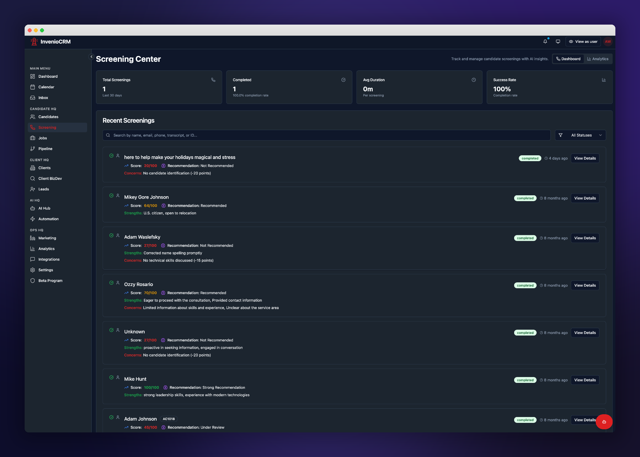 Invenio CRM Screening Center — list of completed AI voice screenings with numeric scores, recommendations (Recommended / Not Recommended / Strong Recommendation), and structured strengths and concerns per candidate